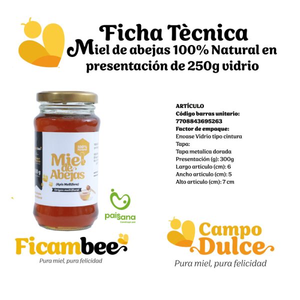 Miel de abeja 100% natural 250gr vidrio producto de la empresa Campo Dulce - Vitrina Emprendimiento Rural - Fundación Aurelio Llano Posada
