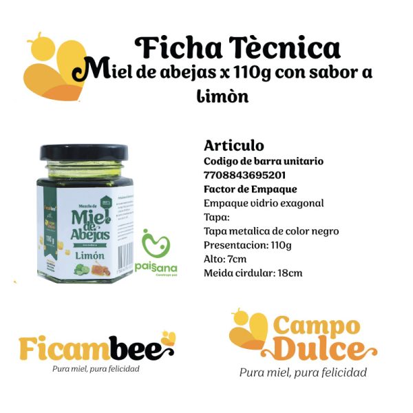 Miel de abejas con sabor a limón producto 110gr de la empresa Campo Dulce - Vitrina Emprendimiento Rural - Fundación Aurelio Llano Posada